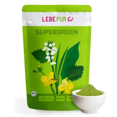 Abbildung von Lebepur BIO SUPER Green Pulver 500g Pflanzenpulver mit Gerstengras, Weizengras, Spinat, Brennnessel, Grünkohl Chlorella und Spirulina für Smoothie geeignet in Rohkostqualität