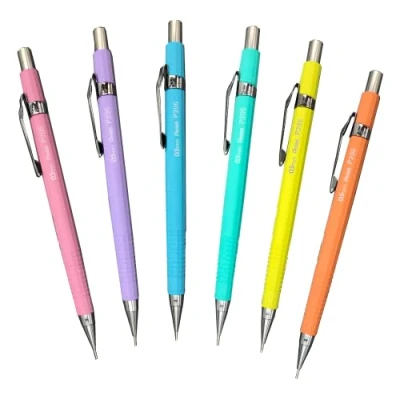Abbildung von Pentel P200 Series Druckbleistifte aus der Reihe Pastell, 0,5 mm, 12 Stück, verschiedene Schaftfarben (2 blau, 2 grün, rosa, lila, orange, gelb)