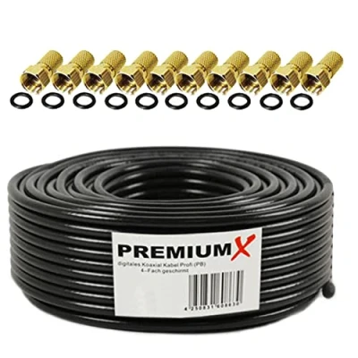 Abbildung von Premium X 25m Profi Koaxialkabel Schwarz 135dB 4 Fach CU Kupfer Satelliten Koax Kabel SAT Antennenkabel 10x F Stecker