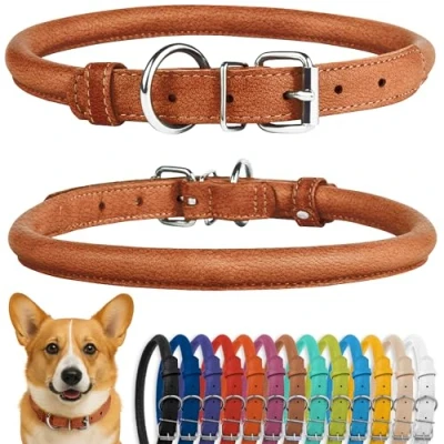 Abbildung von CollarDirect Rundes Leder Hundehalsband, weich gepolstert gerollt, handgefertigtes Echtleder Halsband für Hund Welpe Katze Klein Groß Schwarz Rosa Rot Lila Blau