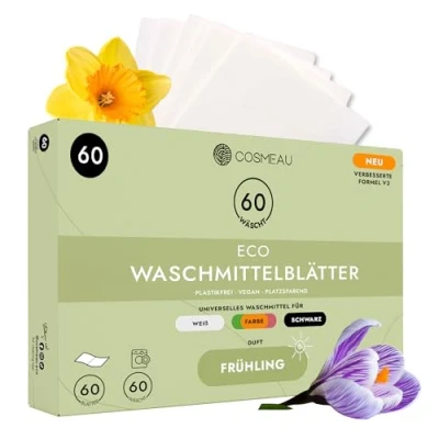 Abbildung von Cosmeau Waschmittel Blätter Frühlingsfrisch bis zu 60 Waschgänge (60 Blätter) Nachhaltiges für Weiß, Farbe und Schwarz Plastikfrei, Abbaubar &amp; Perfektes Reisewaschmittel