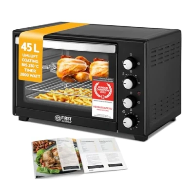 Abbildung von TZS FIRST AUSTRIA Minibackofen Mini Backofen mit Umluft 45L, 2000W, Kochen, Backen, Hähnchengrill, Temperaturregler 100 230, energieeffizient, Miniküche, Camping