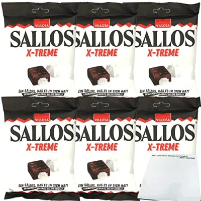 Abbildung von Sallos X Treme Hartkamellen mit Lakritz Salmiak Salz Füllung 6er Pack (6x150g Tüte) + usy Block