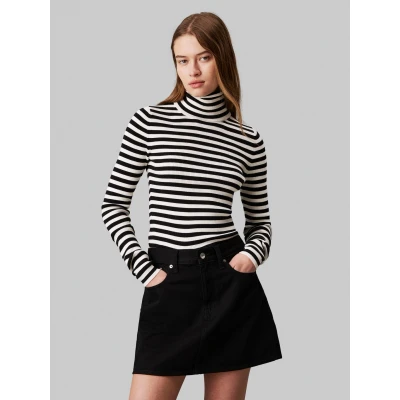 Abbildung von Calvin Klein Jeans Label ROLL NECK Strickpullover ivory/black, Damen, Größe: Large, Ivory/black