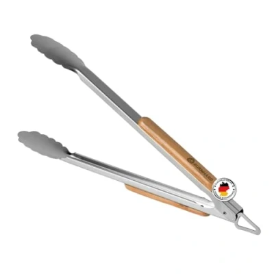 Abbildung von BURNHARD Grillzange Akazienholz 45 cm, mit Holzgriff aus massivem Hartholz, Verschlussfunktion