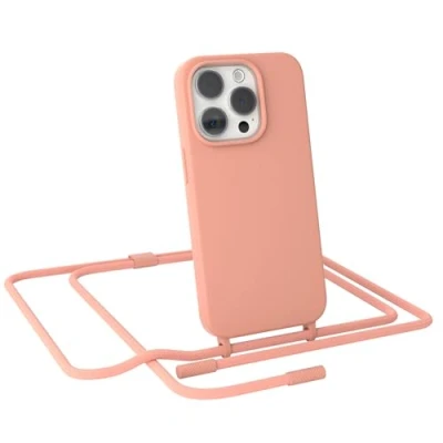 Abbildung von EAZY CASE Handykette kompatibel mit iPhone 15 Pro dünne Handyhülle für Hülle Band als Fallschutz Kette zum Umhängen stoßeste Silikon Mikrofaser in Korall