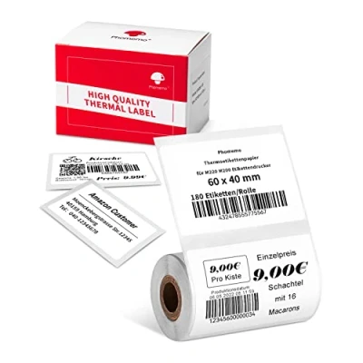 Abbildung von Phomemo M220 ThermoEtiketten,Thermoetikettenpapier für M250 M221 M421 Etikettendrucker Multifunktionales Selbstklebendes Etikett,Adressetikett,Preisschild Etikett,60x40mm,180 Etiketten/Rolle