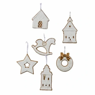Abbildung von Loberon Anhänger 6er Set Roéline, Handbemalt, mit Funkeldem Glitzer, Verschiedene Motive, Christbaumschmuck, Weihnachtsdeko, Weihnachten, Polyresin, Polyester, weiß/braun