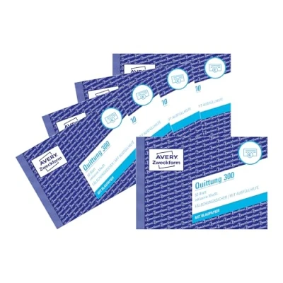 Abbildung von AVERY Zweckform 300 5 Quittungsblock (A6 quer, 50 Blatt, 1 Blatt Blaupapier, fälschungssicherer Dokumentendruck, für Beträge unter 250 inkl. MwSt., DE/AT) 5er Pack, weiß