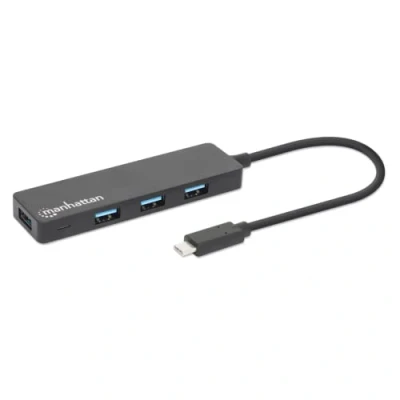 Abbildung von Manhattan 164924 4 Port USB 3.2 Gen 1 Hub C Stecker auf x A Buchse, 5 Gbit/S Datenübertragungsraten, Stromversorgung über USB, Schwarz
