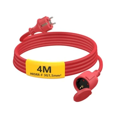 Abbildung von HUARUI Verlängerungskabel Outdoor 4m, Gummi Stromkabel Verlängerung mit Schuko Stecker für den Außenbereich IP44, Kabelverlängerung H05RR F 3G1,5mm² Schutzkappe, Elektrokabel außen, 3500W, rot