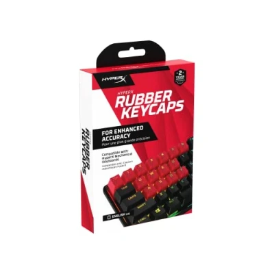 Abbildung von HyperX Gummi Tastenkappen, 19 Tasten, englisches (US) Layout, rot strukturierter Griff, Signaturschriftart, kompatibel mit mechanischen Tastaturen