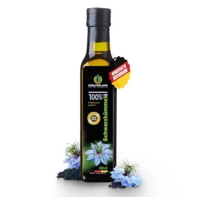 Abbildung von Kräuterland Schwarzkümmelöl 250ml, Gefiltert, Kaltgepresst, 100% Nigella Sativa, ohne Zusatz von Aromen, Frabstoffe &amp; Konservierungsstoffe, Vegan, Thymochinon direkt aus unsrer hessischen Ölmühle