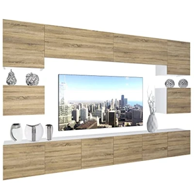 Abbildung von BELINI Wohnwand Vollausstattung Wohnzimmer Set Moderne Schrankwand mit LED Beleuchtung Anbauwand TV Schrank Sonoma Eiche
