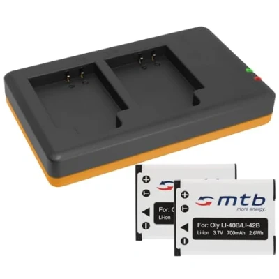Abbildung von 2 Akkus + Dual Ladegerät (USB) Li 40b, 42b kompatibel mit Olympus FE ., mju., µ., TG., VG., VR., X., s. Liste