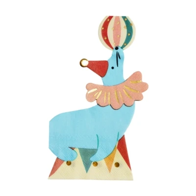 Abbildung von Servietten Papier 21x33cm Seehund mit Ball 12 Stück Einweg Partyservietten 2 lagig Papierservietten für Kindergeburtstag Deko Zirkus Party Motivservietten Gastronomie Alltag Blau Rot