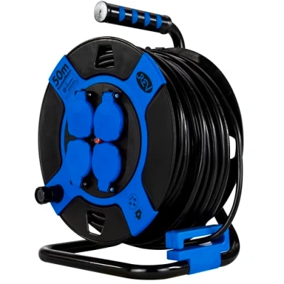 Abbildung von REV Kabeltrommel 50m Outdoor, IP44, 4 Schutzkontaktsteckdosen, blau