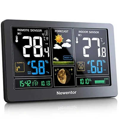 Abbildung von Newentor Wetterstation Funk mit Außensensor Funkwetterstation Wettervorhersage, Temperaturwarnung, DCF Funkuhr Batteriebetrieb und Netzbetrieb, Schwarz