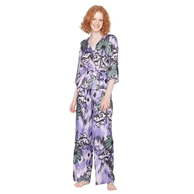 Abbildung von Trendyol Damen Geblümt mit Gürtel Mitte Webstoff Hemd hose Pyjama Pajama Set, Mehrfarbig, 36 EU