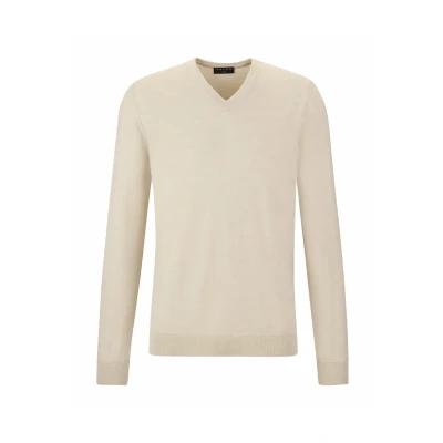 Abbildung von FALKE Herren Pullover Basic New Merino V Neck M Pu Wolle elegant klassisch für Business und Freizeit mit Ausschnitt 1 Stück, Beige Melange 4043, L