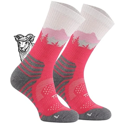 Abbildung von TODO BP Dünn Merino Wandersocken Kinder 55% Merinowolle Socken. Also TrekkingSocken für Damen, Herren Atmungsaktiv Funktionssocken Outdoor (Falcon Fuchsie, 31 34)
