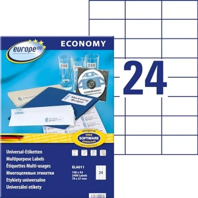 Abbildung von Europe100 Art. ELA011 Adressaufkleber (2.400 Klebeetiketten, 70x37mm auf A4, Papier matt, individuell bedruckbar, selbstklebende Adressetiketten, kompatibel zu AVERY 3474) 100 Blatt, weiß