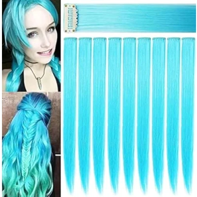 Abbildung von 9pcs 21 Zoll Farbige Haarverlängerungen Party Highlights Blau Clip in/on Synthetische Glatthaar Perückenteile, Multicolors Haarschmuck Haarteile für Frauen Mädchen (Himmelblau)