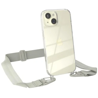 Abbildung von EAZY CASE Hülle mit Band kompatibel iPhone 15 Handyhülle Umhängeband für Silikonhülle Transparent Schutzhülle Handykette zum Umhängen Handykordel Smartphone in Taupe Grau