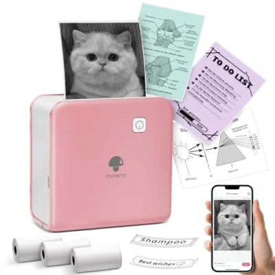 Abbildung von Phomemo M02 Pro Mini Drucker für Smartphone,Tragbarer Thermodrucker Bluetooth Etikettendrucker 300 DPI Taschendrucker mit 3 Papierrollen, Geeignet Geschenk,Aufkleber,Studiennotizen,Etiketten Rosa