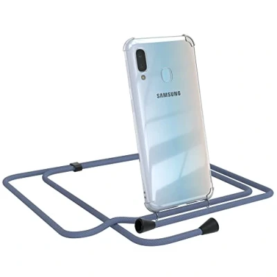 Abbildung von EAZY CASE Handykette kompatibel mit Samsung Galaxy A20e Handyhülle Umhängeband, Handykordel Schutzhülle, Silikonhülle, Hülle, Stylische Kette, EIS Blau Clips Schwarz