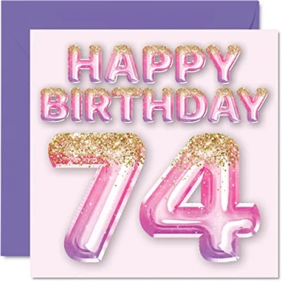 Abbildung von Geburtstagskarte zum 74. Geburtstag für Frauen rosa und lila Glitzerballons Happy Karten 74 Jahre alte Frau Mama Great Nanny Grandma Gran, 145 mm x Siebzig 4. Grußkarten Geschenk