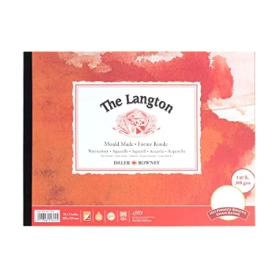 Abbildung von Daler Rowney The Langton Heißgepresstes Aquarellpapier, 300 g/m², 30,5 x 22,9 cm, einseitig geklebt, säurefrei, 12 naturweiße Blätter, ideal für professionelle Künstler