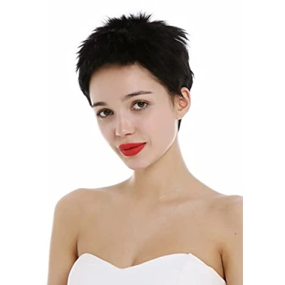 Abbildung von WIG ME UP M276 HH 1 Perücke Echthaar Damen Herren kurz fransig Pixie 80er Igel Micro Pony Schwarz