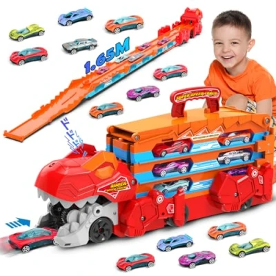 Abbildung von VATOS Dinosaurier Transport Truck 2 in 1 Auswurf Folding Portable Track Auto Spielzeug Mit 8 Race Cars, Träger Fahrzeuge Set für Kinder Jungen 3 5 Jahre Alt