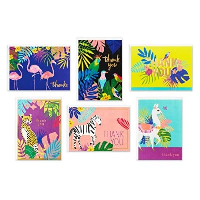 Abbildung von Hallmark Dankeskarten Sortiment, tropische Tiere (24 verschiedene mit Umschlägen Geparden, Lamas, Zebras, Flamingos, Vögel)