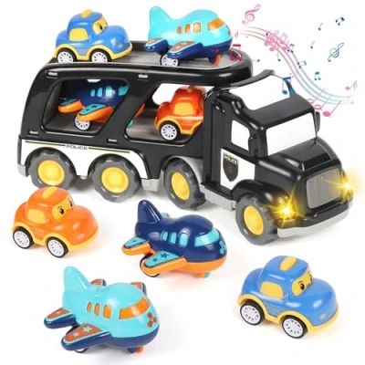 Abbildung von Weinsamkeit Auto Spielzeug Kinder, Kleinkinder Autotransporter, 5 in 1 LKW mit Licht und Musik, Indoor&amp;Outdoor Kinderspielzeug Spielzeugautos, Weihnachten Geburtstag für 3 4 Jahren Jungen Mädchen