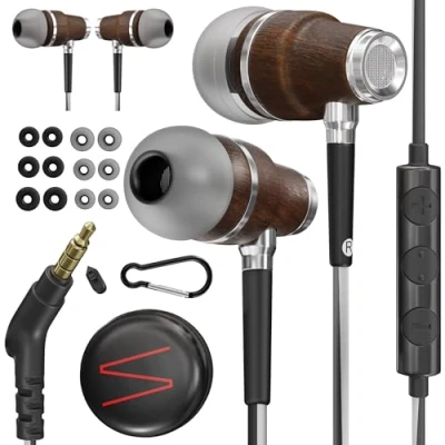 Abbildung von Symphonized in ear kopfhörer mit kabel und mikrofon, premium noise cancelling, 8 mm bass, 3D sound aus bubinga holz, für mobilgeräte, pcs, tablets