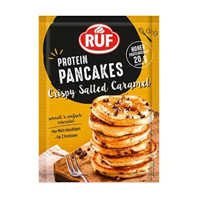Abbildung von RUF Protein Pancakes Crispy Salted Caramel mit salzigem Butterkrokant und Schokostückchen, schnell zubereitet, Power Frühstück, 1x150g Beutel