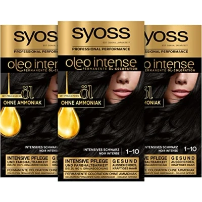 Abbildung von Syoss Oleo Intense Öl Coloration 1 10 Intensives Schwarz Stufe 3 (3 x 115 ml), dauerhafte Haarfarbe mit pflegendem Öl, ohne Ammoniak