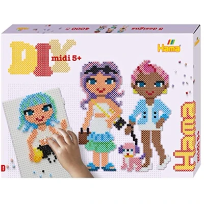 Abbildung von Hama Perlen 3159 Bügelperlen Fashion Girls, Geschenkpackung mit ca. 4.000 Midi Perlen, 2 quadratischen Stiftplatten zum Zusammenstecken, Motivvorlage, Bügelpapier, für Kinder ab 5 Jahren
