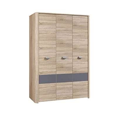 Abbildung von FORTE YOOP Schrank 130 140, Kleiderschrank, Jugendzimmerschrank Drehtürenschrank, 3 türig Einlegeböden Kleiderstange, Sonoma Eiche / Grau Matt, 133.2 cm breit x 194.4 hoch 58 tief