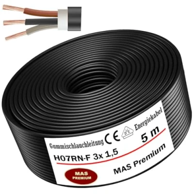 Abbildung von MAS Premium 5 100m Gummischlauchleitung Energiekabel Baustellenkabel H07RN F 3G 1, 1,5, 2,5, 4, 6, 10 oder 3x 1,5 Flexibel Leitung für schweren Geräten (H07RN 3x1,5 mm², 5m)