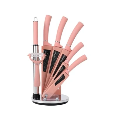 Abbildung von Cheffinger Messer Set 8 tlg Messerständer drehbar Pink aus Edelstahl