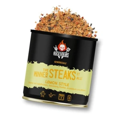 Abbildung von ROCK&#039;N&#039;RUBS Grillgewürz The Winner steaks it all Lemon Style BBQ Rub zum Grillen mit Crunchy Salzflocken, Telicherry Pfeffer &amp; Zitrone 140 g