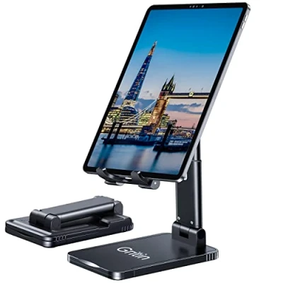 Abbildung von Gritin Verstellbar Tablet Ständer Tisch Halter, Faltbar Tabletständer Aluminium Handy Schreibtisch Super Stabil für neu iPad 12,9, 11, Air, Mini und Allen 412.9&quot; Tablets &amp; Handys