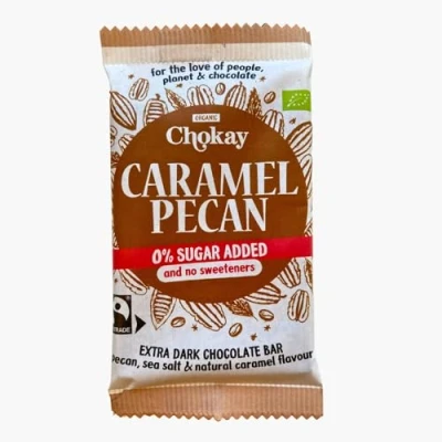Abbildung von Chokay BIO Bar CARAMEL PECAN Belgische Zartbitter Schokolade mit Pecannüssen, Meersalz und natürliches Karamellaroma VEGAN, GLUTENFREI &amp; FAIR TRADE 1x70g
