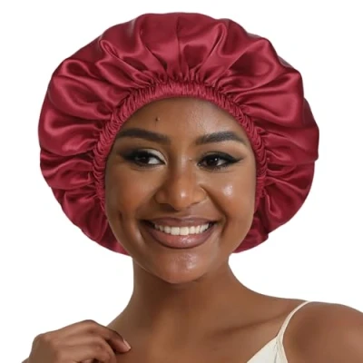 Abbildung von Hat Hut Seidenhaube Satin Bonnet Schlafhaube Einstellbare Seidenmütze Doppellagig Silk Schlafmütze für Damen (Rot/Schwarz)