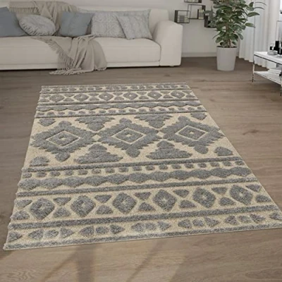 Abbildung von Paco Home Hochflor Teppich Wohnzimmer Shaggy 3D Optik Ethno Boho Vintage Look Weich, Grösse:160x220 cm, Farbe:Grau 3