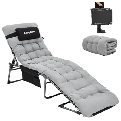 Abbildung von KingCamp Campingliege Sonnenliege mit Auflage Baumwolle Gartenliege Camping Klappbett Verstellbarem Rückenteil und Kopfkissen für Garten Urlaub Outdoor bis 120kg