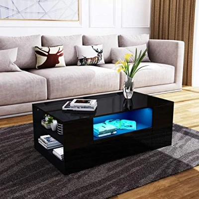 Abbildung von Wohnzimmer Beistelltisch mit Stauraum 5 Offene Fächer 2 Schubladen LED Beleuchtung Holz Rechteckig Hochglanzoberfläche Couchtisch Kaffeetisch Wohnzimmertisch Sofatisch (Schwarz LED)